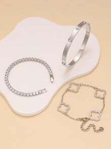 Pulsera de acero inoxidable con trébol de cuatro hojas de circonita en estilo retro personalizado, joyería de uso diario para mujeres