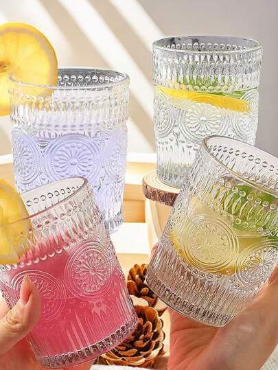 4Pcs Set Nordic Style Premium Thick Sunburst Embossed Glassware, Lead-Free Glass /Juice/Water Cups, High-End Elegance