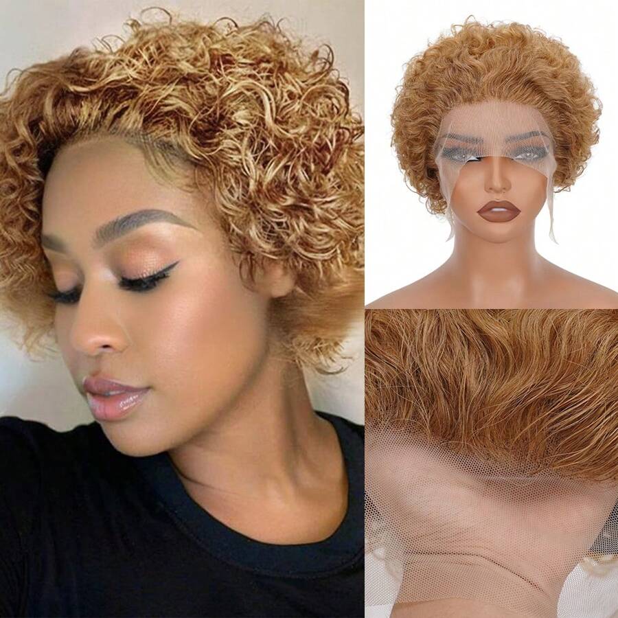 Pixie Cut Curly Human Hair Wigs Ginger 350 Short Curly Lace Front Human Hair Wigs For Women 6 Inch 13x1 Transparent Lace Frontal Wigs Water Wave Dark Rooted To Ginger Orange Color - #27 - 查看 1