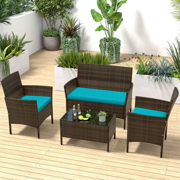 4 PCS Patio Furniture Set With Washable Cushions And Tempered Glass Coffee Table Beige/Black/Navy/Grey/Turquoise/Red/Blue/Orange