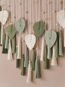 1 szt. Makrama ścienna, dekoracja ścienna w stylu boho z drewnianymi koralikami, frędzlami, liśćmi, gobelin w tle weselnym, tkany koc ścienny z frędzlami do wnętrz, tło zasłon