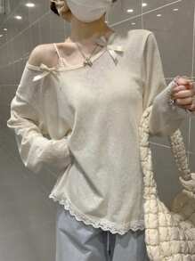 蝴蝶结双面不对称肩部薄款蕾丝拼布长袖宽松罩衫 - 杏色 - 查看 3