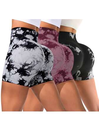 3 par sömlösa tie-dye atletiska shorts för kvinnor, lämpliga för utomhusträning och vardagskläder