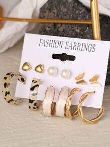 12pcs Women's Geometric Pearl Earring Set, Daily Wear - Gold - View 3