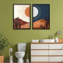 2pcs Sun And Moon Cactus Desert Landscape Wall Art Decor Modren Farmhouse Living Room Botanical Prints Bedroom Boho Multicolor MinimalNO Frame