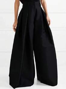 UREREM Women's Urban Casual Summer Loose Fit Pants - Waistband-Less Wide Leg Pants, 120G Woven Fabric - Black - View 3