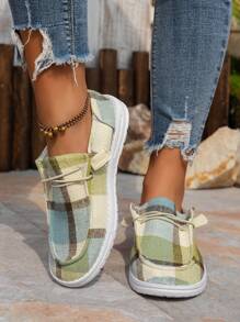 Retro Color-Block Round Toe Slip-On Casual Canvas Sneakers For Women, Elastic Band - Green - View 4