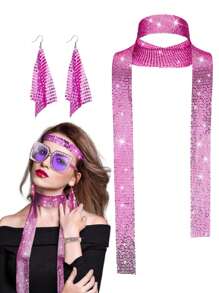 Forever & Moment 2pcs Women'S Disco Accessories From The 70s, Disco Sequin Scarf, Imitation Diamond Pendant