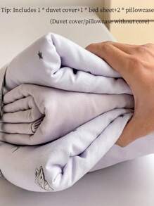 4 件套：1 个羽绒被套、1 个床单、2 个枕套（无枕芯）、带星星和月亮图案的柔软棉质针织床上用品套装，适合所有季节，可机洗 - 紫色 - 查看 2