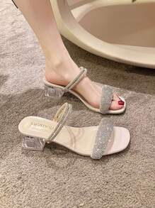 Zapatillas de tacón alto con diamantes brillantes para mujer, tiras finas de cristal, tacones gruesos transparentes con decoraciones de cristal, elegantes, nobles, de moda y brillantes, adecuadas para citas, reuniones, fiestas y toma de fotografías. - Blanco - Ver 1