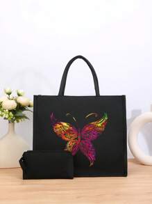 2pcs Butterfly Printed Tote Bag, Printed Tote Bag Set, Lightweight Large Capacity Tote Bag, Reusable Burlap Shopping Bag, Portable Travel Beach Bag With Makeup Bag, Birthday Gift, Teacher's Day, Nurse's Day, Birthday, Anniversary, Best Gift