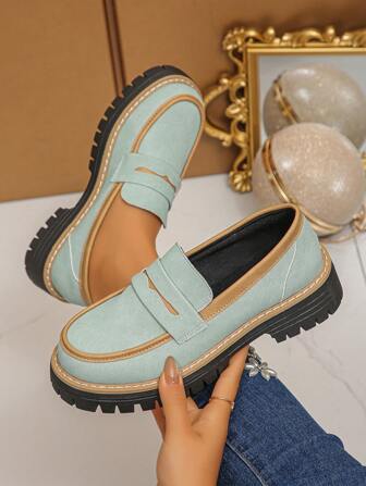 2026 New Round Toe Casual Dual-Color Anti-Slip Thick-Sole Contrast Color Slip-On Outdoor Loafers For Women, Student Shoes