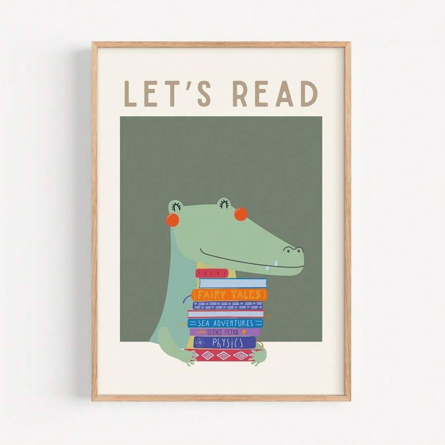 1/3pcs Cartoon Alligator Reading Books Canvas Art Print - Art Deco Modern Retro Style Poster For Home Office, Playroom, Classroom - Wall Decor Illustration For Bedroom, Living Room - Ink Artwork Wall Hanging Decoration Indoor - Whimsical Animal Theme, Optional Frame