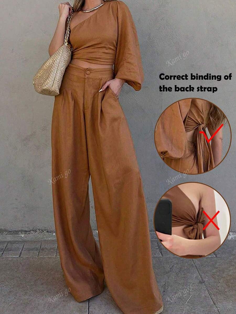 Solid Color Spring & Summer Elegant Two-Piece Set, One Shoulder Tie Back Crop Top & Button Front Wide Leg Pants Outfits, Women's Tops Clothing