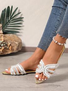 Crystal-Embellished Pointed Toe Slides, New Spring/Summer Fashion Brand H-Logo Slip-On Sandals, Casual Roman Style Flat Slippers For Women - Gold - View 3
