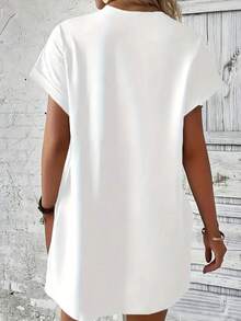 Green Turtle Print, White Short-Sleeved Dress, Casual Dress