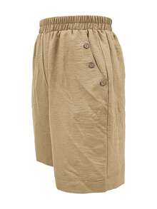 Jisfaneya 纯色纽扣口袋设计褶皱面料卡其色阔腿休闲短裤，春夏款 - 卡其色 - 查看 4