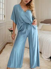 hoteel Casual Style Loose Khaki-Two Pieces Outfit: Pure Solid Color V-Neck T-Shirt + Wide Leg Pants, Woman Clothes - 淺藍色 - 查看 4