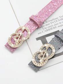 1pc Women's Rhinestone Heart Decor Shiny PU Leather Belt, Cute For Party Dress & Jeans - Multicolor - View 2