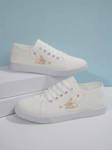 1 paire de chaussures canevas extérieur femme anti-dérapantes à bout rond avec broderie élégante de papillon, confortables, légères, à semelle plate et souple, baskets casual adaptées pour un port toute la journée