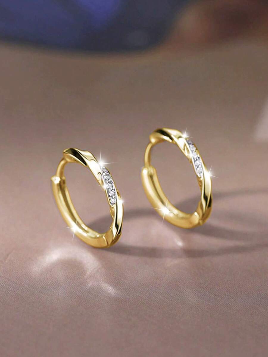 1 对 925 纯银时尚女士耳环，方晶锆石 Mossbite 环耳钉，1.7 厘米，适合情人节、母亲节、感恩节、生日、简约优雅风格、派对和日常佩戴的礼物，附赠豪华礼盒 - 金色 - 查看 1