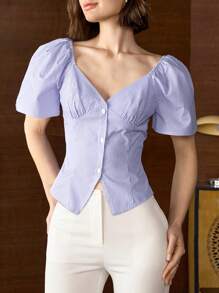 Amyenjoylife 女式条纹V领纽扣衬衫 - 藍色條紋 - 查看 1