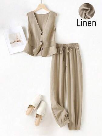 Kvinnor Casual Sommar Linne Blazer Väst och Byxor Set