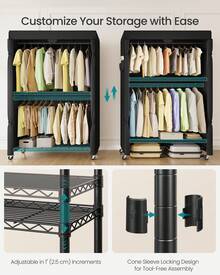 SONGMICS Heavy-Duty Rolling Clothes Rack, Garment Rack, Portable Closet, 43.3-Inch Wide Clothing Rack On Wheels, With Adjustable Mesh Shelves And Hanging Rails, Fabric Cover - màu đen - Xem 3