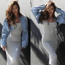 Women's Bodycon Midi Dress Strappy V-Neck Solid Figure-Hugging For Prom Cocktail Party Formal Events - 灰色 - 查看 2