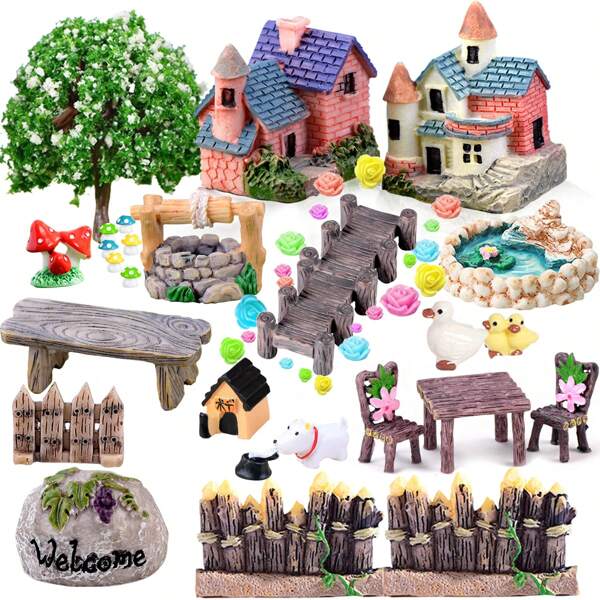48pcs Fairy Garden Accessories, Fairy Welcome Garden Set, Mini Fairy Garden Decor, Christmas Decoration Fairy Garden Potted Plants Desktop Decor (Random Color)