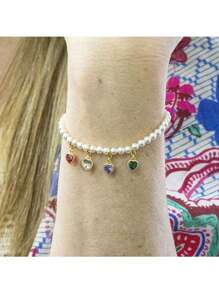 1 件珍珠手链套装精致珍珠串珠手链波西米亚风手链弹力手链伴娘派对珠宝礼物适合女士女孩 - 愛心鋯石手鍊 - 查看 2