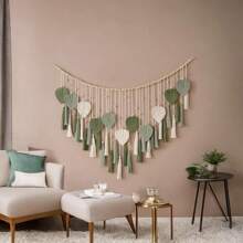 1 szt. Makrama ścienna, dekoracja ścienna w stylu boho z drewnianymi koralikami, frędzlami, liśćmi, gobelin w tle weselnym, tkany koc ścienny z frędzlami do wnętrz, tło zasłon