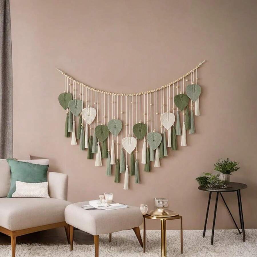 1 szt. Makrama ścienna, dekoracja ścienna w stylu boho z drewnianymi koralikami, frędzlami, liśćmi, gobelin w tle weselnym, tkany koc ścienny z frędzlami do wnętrz, tło zasłon