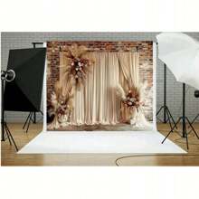 1pc Bohemian Style Wedding Photography Background Vintage Brick Wall Beige Floral Curtains Decor Wedding Studio Photography Background Decoration Banner Vinyl