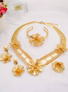 5pcs/Set Dubai Style 18K Gold-Plated Copper Materials Wedding Jewelry Set For Women, African Bride Necklace Bracelet Earrings Ring - Gold - View 3