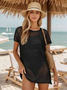 tooluck Women Crochet Swim Cover Up Knit Short Sleeve Pullover Beach Dress - 黑色 - 查看 1