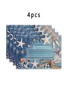 4pcs/6pcs Set Vibrant Summer Nautical Theme Starfish Shell Fishnet Pattern Placemats, Great For Holiday Parties, Coastal Home Kitchen Dining Table Decor - Multicolor - View 11