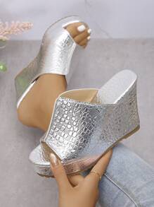 1 Pair Women Platform Slip-On Sandals, Chunky Wedge, Open Toe, Metallic Color, Lightweight Comfortable Fashionable Versatile