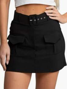 Cargo Skirt With Belt In Gabardine. - 黑色 - 查看 2
