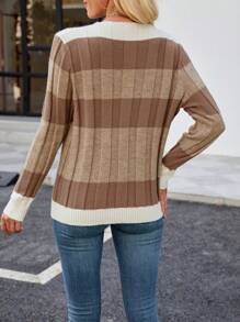 Jersey casual de cuello en V a rayas en degradado color camello - Café integral - Ver 6