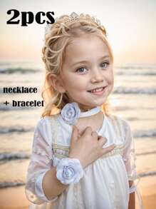 2pcs Girls Toddlers Rose Flower Bowknot + Wristband Bracelet 2-Piece Set, Baby Girl Bow Flower Outfit, Wedding Dress Decoration, Kids Party Accessory, Bridal Decor