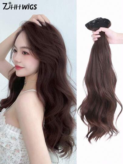 7JHH WIGS Chestnut Brown Clip In Hair Extensions Long Wavy 3 PCS Invisible Clip Hair Piece Soft Full Synthetic Fiber For Women Daily Use 22 Inch