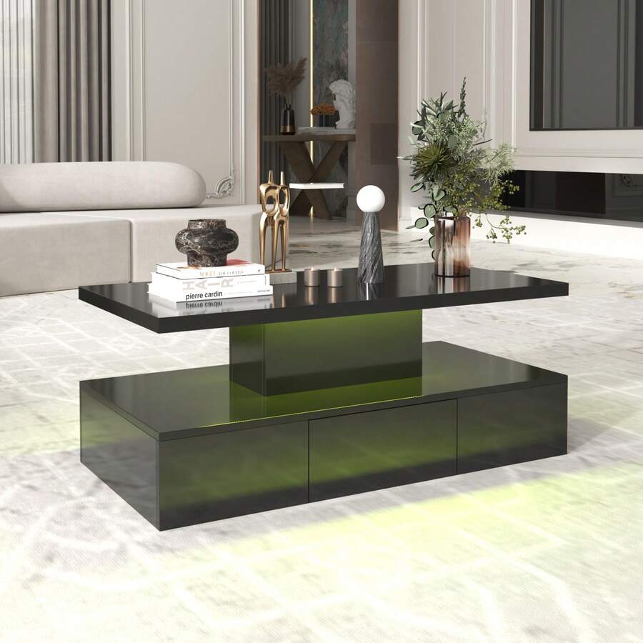Mesa de centro con cajón, dos niveles de espacio de almacenamiento, acabado negro brillante. - Negro - Ver 1