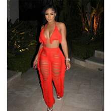 Two Piece Outfits For Women Bikini Swimsuits Beach Cover Up Crochet Tassels Halter Top Long Pants Set