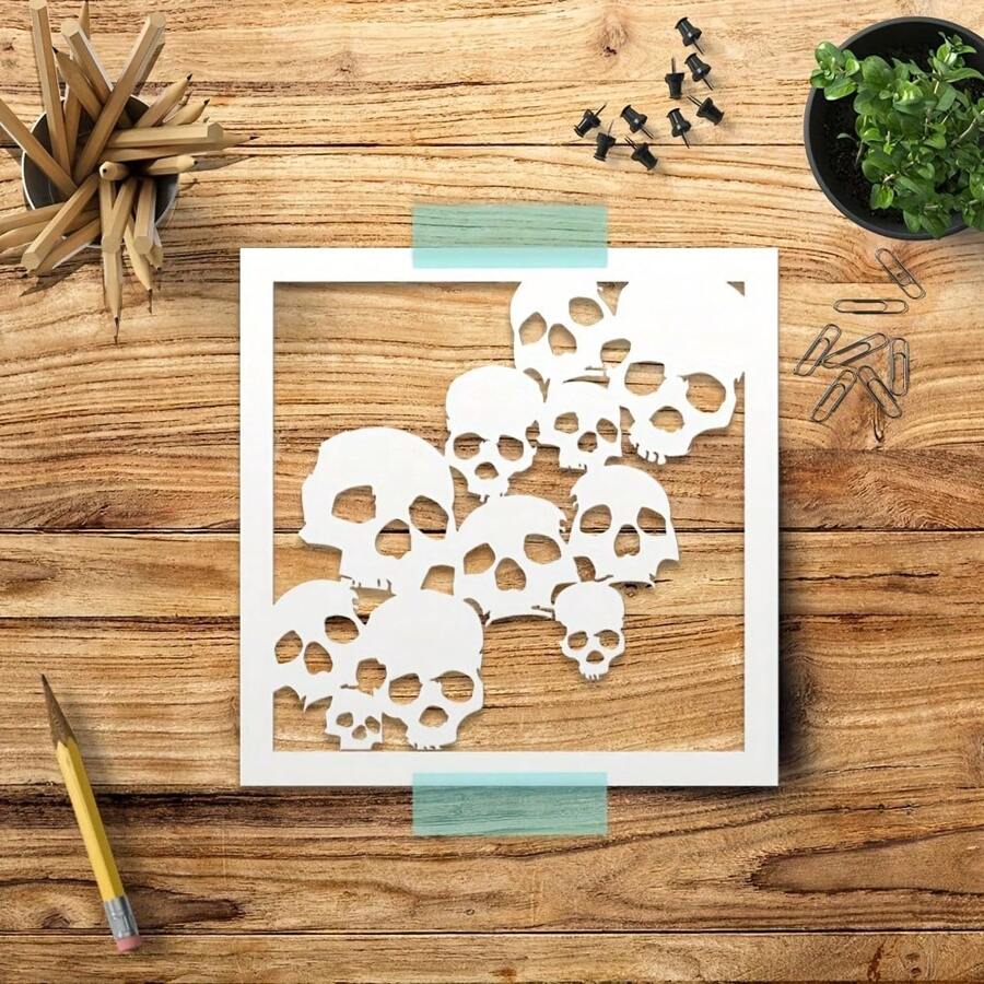 1pc Skulls Reusable Stencil For Painting On Wood, Wall, Furniture, Airbrush Drawing Template DIY Crafts,Back To School,School Supplies - 6*6inch - View 1