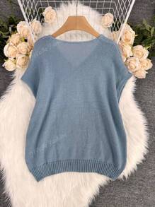 [Tops] French Elegant V-Neck Pullover Sweater For Women, Loose Casual Knitted Outerwear For Autumn/Winter