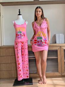 3 pzas Conjunto de pijama de mujer con estampado de dibujos animados Blusa, Vestido de tirantes y Pantalón