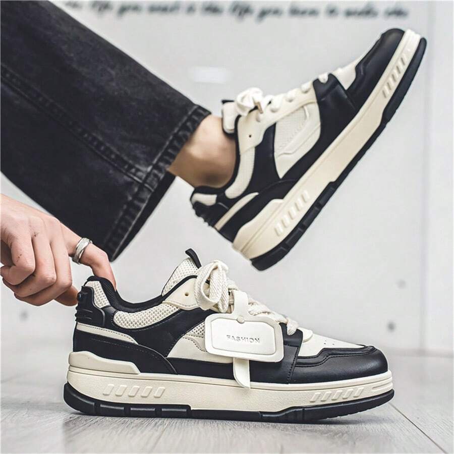 黑白撞色男士时尚休闲运动鞋，厚底低帮运动鞋 - 查看 1