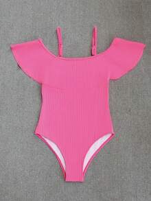 2024 New Striped Flounce Trim One-Piece Swimsuit, Casual Fashion Women Swimwear - Pink - View 2