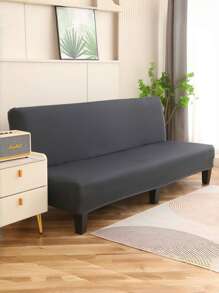 1pc Solid Color Armless Sofa Bed Cover, Printed Knitting Sofa Slipcover, Minimalist Modern Design - Dark Grey - View 1